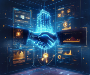 Illustration de deux poignées de main holographiques, scellant une transaction commerciale.