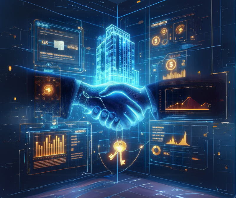 Illustration de deux poignées de main holographiques, scellant une transaction commerciale.