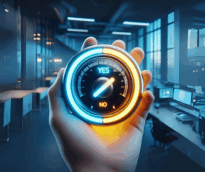 Illustration d'une main qui tient un thermostat avec une aiguille qui va du "OUI" au "NON"