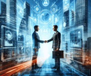 Deux hommes d'affaires se serrant la main devant des gratte-ciel